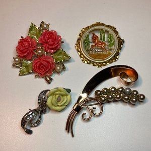 Lot of 4 RESTORED Chipped Replaced Broken & Repaired Vintage Brooches Pins